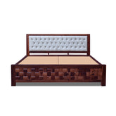 MoonWooden Solid Sheesham Wood King Size Bed Without Storage | Wooden Double Bed Cot Bed & Greyish Upholstered Cushioned Headboard for Bedroom | Honey  Finish